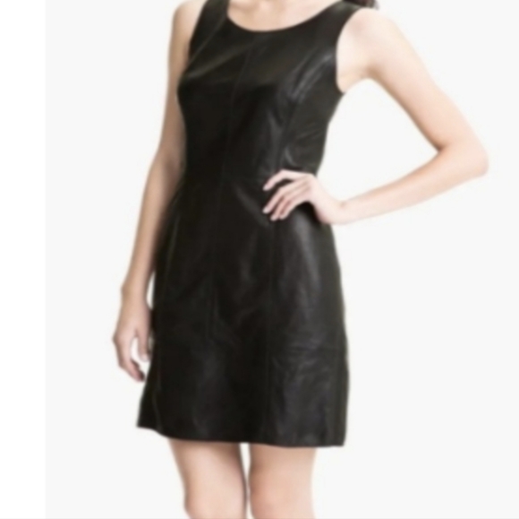 Halogen, black leather cocktail dress, size 6 Petite - Picture 3 of 10